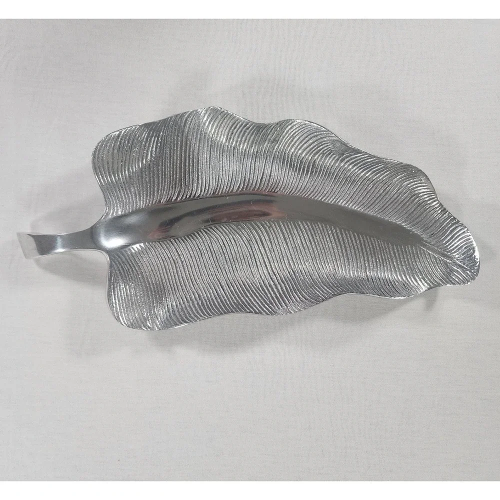 Unique Large Banana Leaf Serving Tray Vintage Silver Aluminum Decor Unbranded